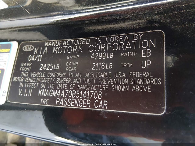 Aukcja sprzedaży 2011 Kia Optima Lx, vin: KNAGM4A70B5141708, numer aukcji: 44805084
