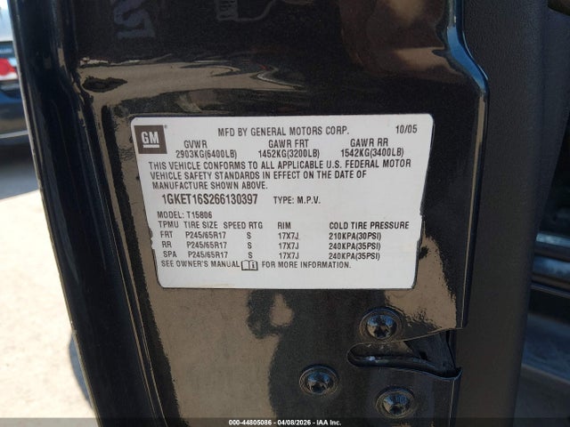 Aukcja sprzedaży 2006 Gmc Envoy Xl Slt, vin: 1GKET16S266130397, numer aukcji: 44805086