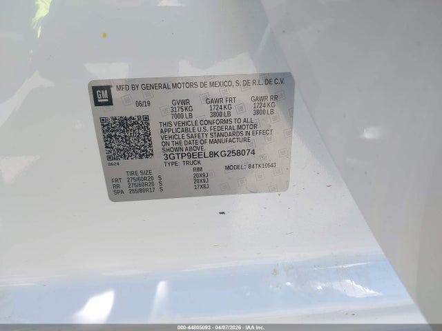 Aukcja sprzedaży 2019 Gmc Sierra 1500 At4, vin: 3GTP9EEL8KG258074, numer aukcji: 44805093