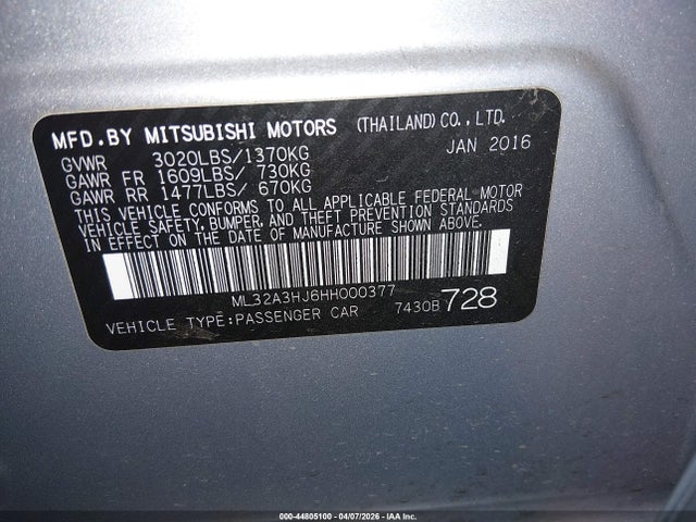 44805100 :رقم المزاد ، ML32A3HJ6HH000377 vin ، 2017 Mitsubishi Mirage Es مزاد بيع