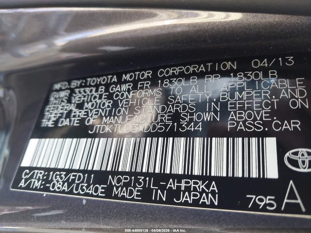 Продажа на аукционе авто 2013 Toyota Yaris Se, vin: JTDKTUD3XDD571344, номер лота: 44805126