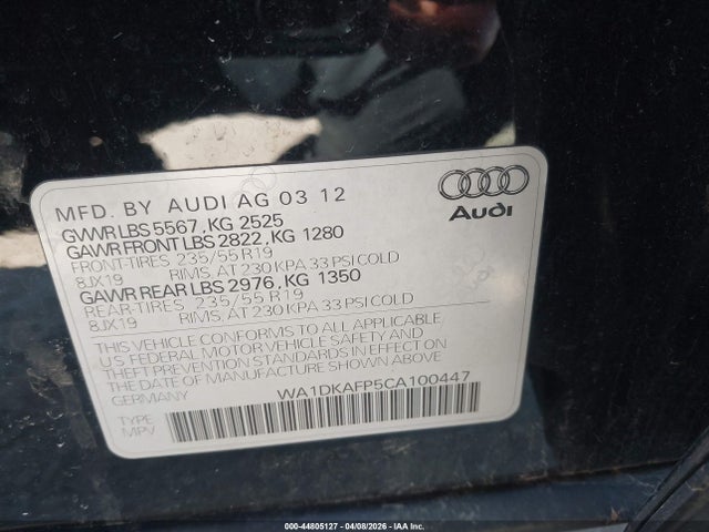 Продажа на аукционе авто 2012 Audi Q5 3.2 Premium Plus, vin: WA1DKAFP5CA100447, номер лота: 44805127
