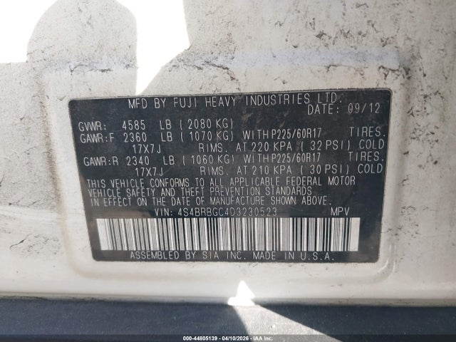 44805139 :رقم المزاد ، 4S4BRBGC4D3230523 vin ، 2013 Subaru Outback 2.5i Premium مزاد بيع