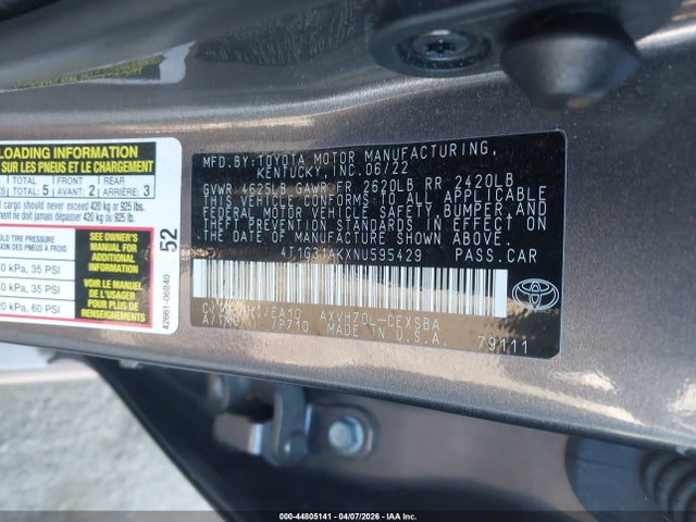 Продажа на аукционе авто 2022 Toyota Camry Se Hybrid, vin: 4T1G31AKXNU595429, номер лота: 44805141
