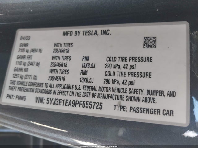 Продажа на аукционе авто 2023 Tesla Model 3 Rear-wheel Drive, vin: 5YJ3E1EA9PF555725, номер лота: 44805146