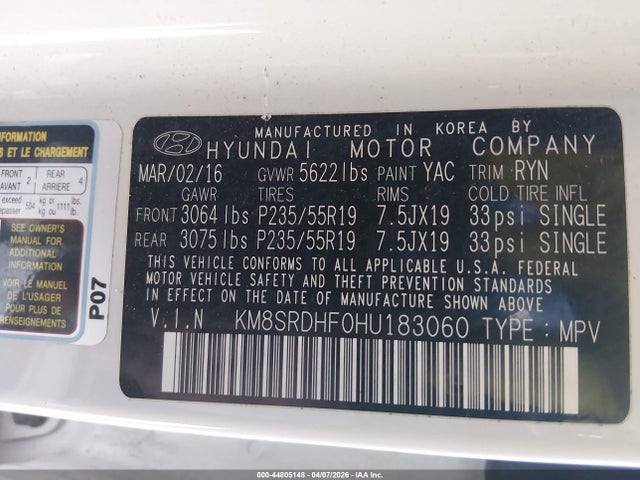 44805148 :رقم المزاد ، KM8SRDHF0HU183060 vin ، 2017 Hyundai Santa Fe Limited Ultimate مزاد بيع