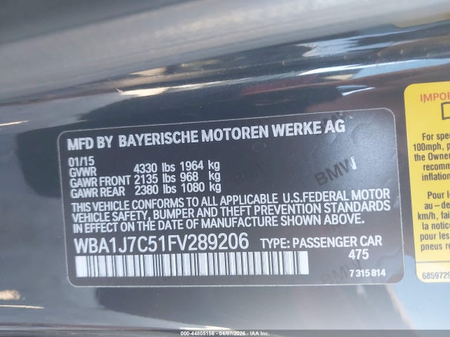 44805156 :رقم المزاد ، WBA1J7C51FV289206 vin ، 2015 Bmw M235 مزاد بيع