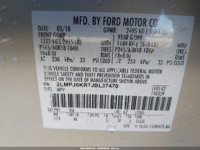 Продаж на аукціоні авто 2018 Lincoln Mkx Select, vin: 2LMPJ6KR7JBL37470, номер лоту: 44805165