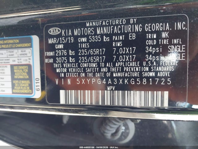 Продаж на аукціоні авто 2019 Kia Sorento 2.4l L, vin: 5XYPG4A3XKG581725, номер лоту: 44805166