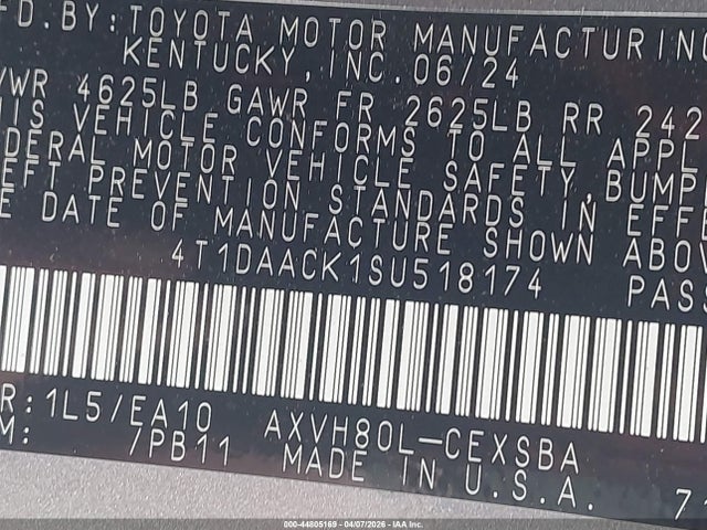 Aukcja sprzedaży 2025 Toyota Camry Se, vin: 4T1DAACK1SU518174, numer aukcji: 44805169