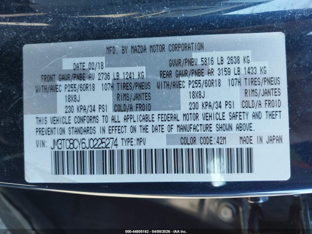 Aukcja sprzedaży 2018 Mazda Cx-9 Touring, vin: JM3TCBCY6J0225274, numer aukcji: 44805182