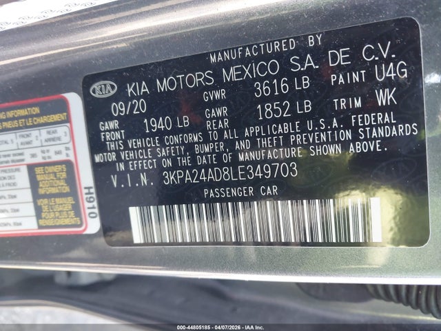 Продаж на аукціоні авто 2020 Kia Rio S, vin: 3KPA24AD8LE349703, номер лоту: 44805185