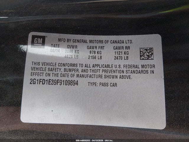 Aukcja sprzedaży 2015 Chevrolet Camaro 1lt, vin: 2G1FD1E39F9109894, numer aukcji: 44805203