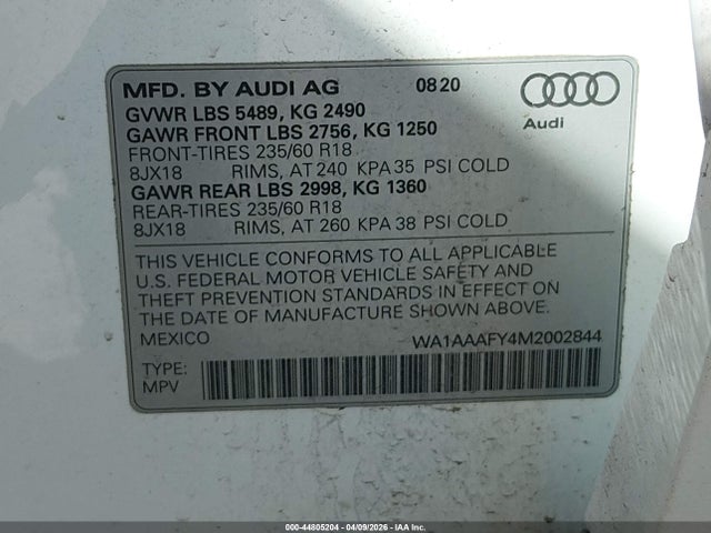 44805204 :رقم المزاد ، WA1AAAFY4M2002844 vin ، 2021 Audi Q5 Premium 45 Tfsi Quattro S Tronic مزاد بيع