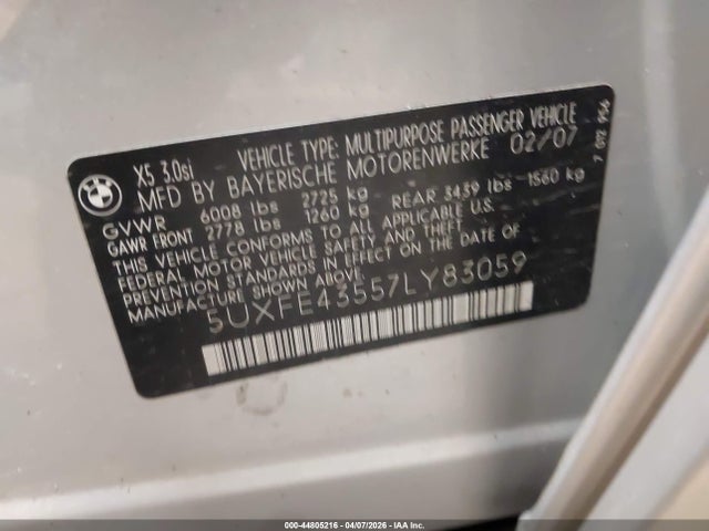 Продаж на аукціоні авто 2007 Bmw X5 3.0si, vin: 5UXFE43557LY83059, номер лоту: 44805216