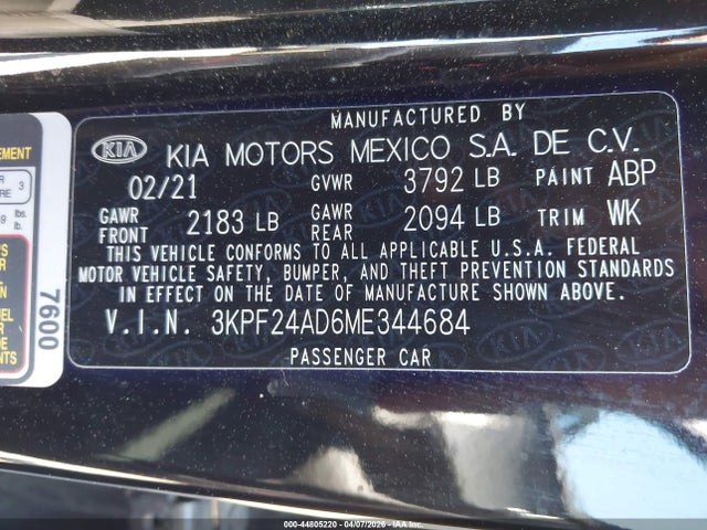 Продаж на аукціоні авто 2021 Kia Forte Fe, vin: 3KPF24AD6ME344684, номер лоту: 44805220