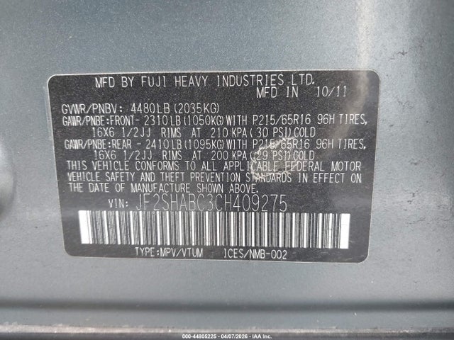 2012 Subaru Forester 2.5x მანქანა იყიდება აუქციონზე, vin: JF2SHABC3CH409275, აუქციონის ნომერი: 44805225