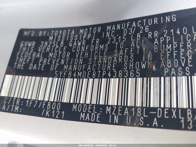 Toyota COROLLA LE 2026 5YFB4MDE8TP438365 Image 9