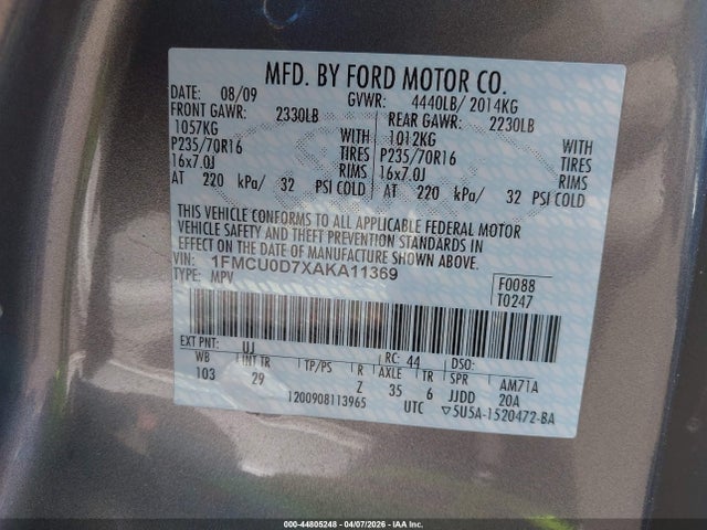 2010 Ford Escape Xlt მანქანა იყიდება აუქციონზე, vin: 1FMCU0D7XAKA11369, აუქციონის ნომერი: 44805248