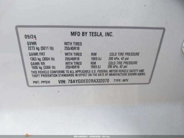 2024 Tesla Model Y Long Range Single Motor Rear-wheel Drive/rwd მანქანა იყიდება აუქციონზე, vin: 7SAYGDED2RA332070, აუქციონის ნომერი: 44805261