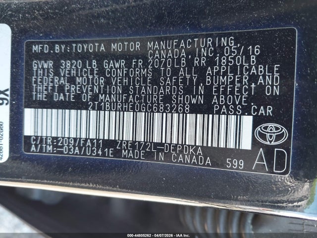 Aukcja sprzedaży 2016 Toyota Corolla L, vin: 2T1BURHE0GC683268, numer aukcji: 44805262