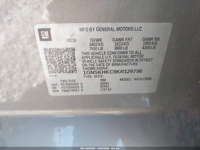 Продажа на аукционе авто 2019 Chevrolet Suburban Lt, vin: 1GNSKHKC9KR129756, номер лота: 44805265