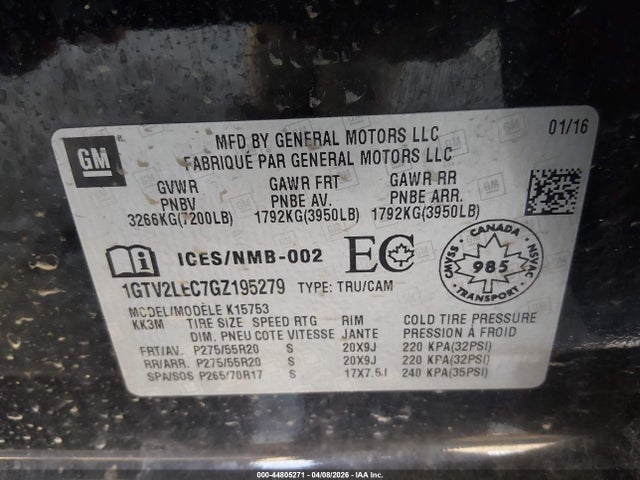 Aukcja sprzedaży 2016 Gmc Sierra 1500, vin: 1GTV2LEC7GZ195279, numer aukcji: 44805271