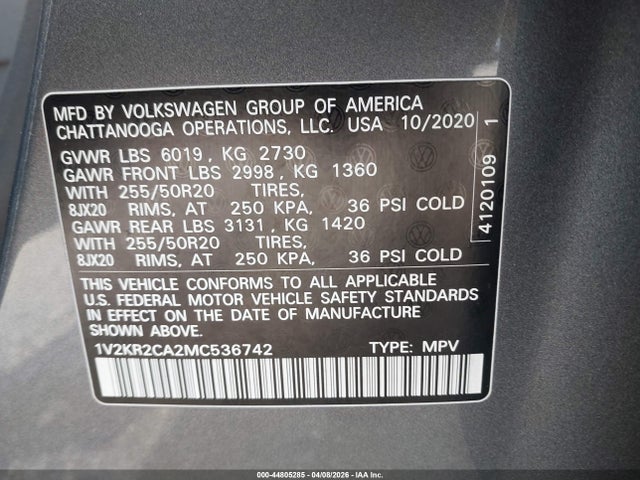 Aukcja sprzedaży 2021 Volkswagen Atlas 3.6l V6 Se W/technology, vin: 1V2KR2CA2MC536742, numer aukcji: 44805285