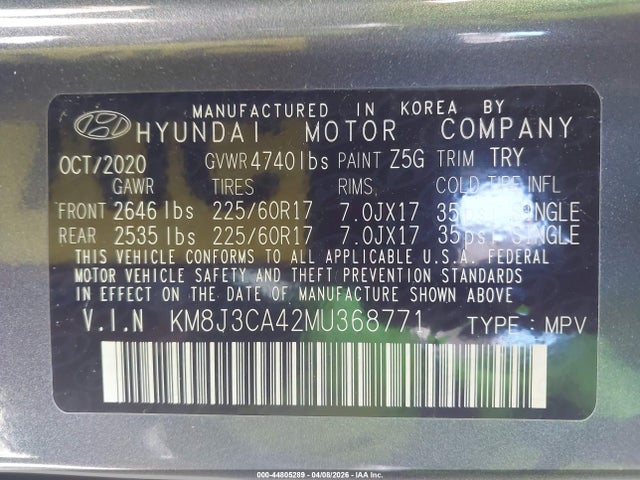 44805289 :رقم المزاد ، KM8J3CA42MU368771 vin ، 2021 Hyundai Tucson Value مزاد بيع