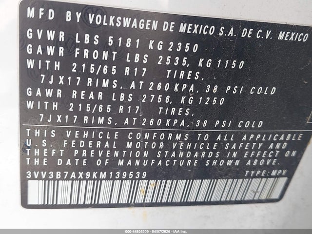Продаж на аукціоні авто 2019 Volkswagen Tiguan 2.0t Se/2.0t Sel/2.0t Sel R-line/2.0t Sel R-line Black, vin: 3VV3B7AX9KM139539, номер лоту: 44805309