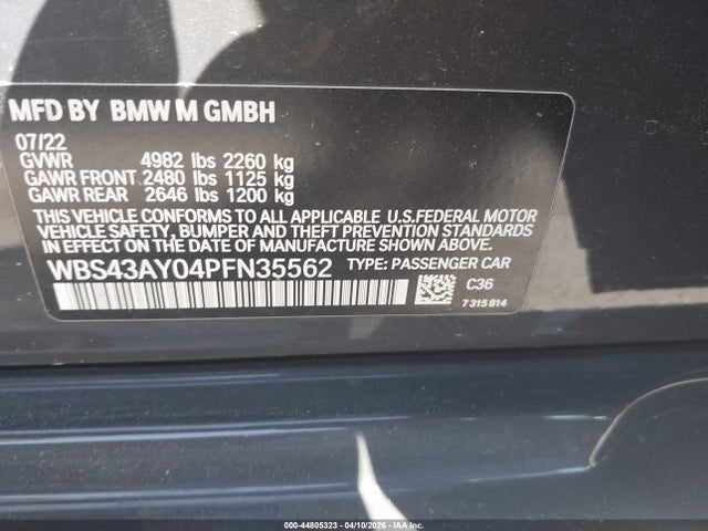 2023 Bmw M3 Competition Xdrive მანქანა იყიდება აუქციონზე, vin: WBS43AY04PFN35562, აუქციონის ნომერი: 44805323