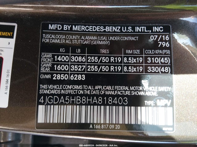 2017 Mercedes-benz Gle 350 4matic მანქანა იყიდება აუქციონზე, vin: 4JGDA5HB8HA818403, აუქციონის ნომერი: 44805324