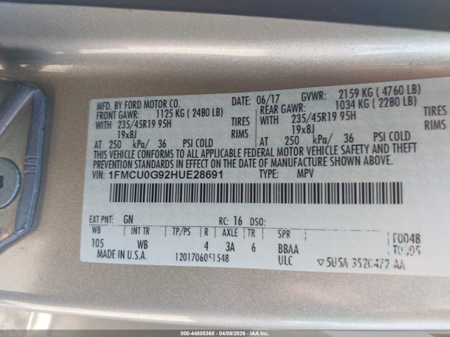 44805368 :رقم المزاد ، 1FMCU0G92HUE28691 vin ، 2017 Ford Escape Se مزاد بيع