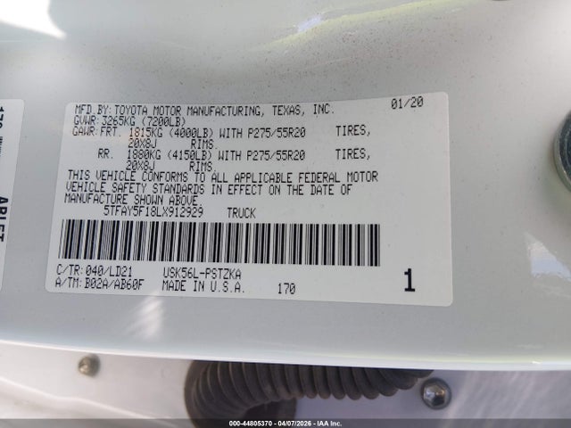 Aukcja sprzedaży 2020 Toyota Tundra 1794 Edition, vin: 5TFAY5F18LX912929, numer aukcji: 44805370