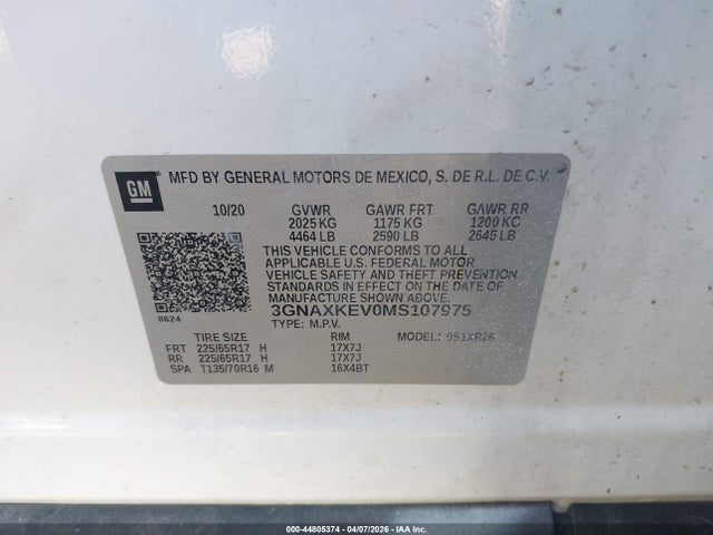 Продажа на аукционе авто 2021 Chevrolet Equinox Fwd Lt, vin: 3GNAXKEV0MS107975, номер лота: 44805374