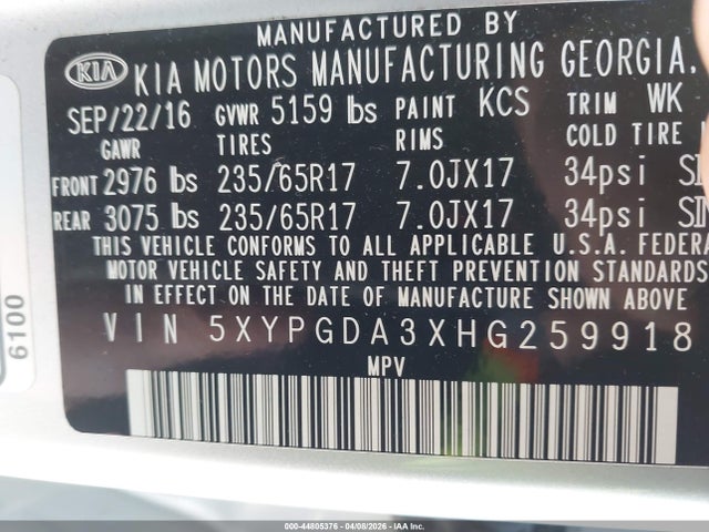Aukcja sprzedaży 2017 Kia Sorento 2.4l Lx, vin: 5XYPGDA3XHG259918, numer aukcji: 44805376