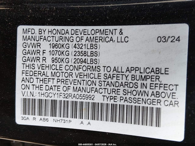 1HGCY1F32RA055992 Honda ACCORD EX