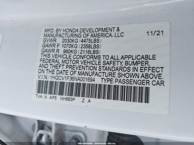 1HGCV1F36NA001694 Honda Accord Sport