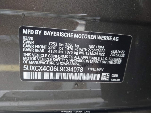 2020 Bmw X7 Xdrive50i მანქანა იყიდება აუქციონზე, vin: 5UXCX4C06L9C94078, აუქციონის ნომერი: 44805408