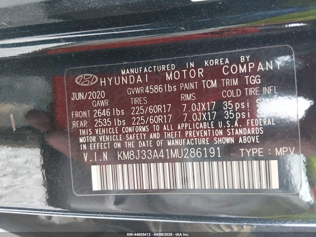 Aukcja sprzedaży 2021 Hyundai Tucson Value, vin: KM8J33A41MU286191, numer aukcji: 44805412