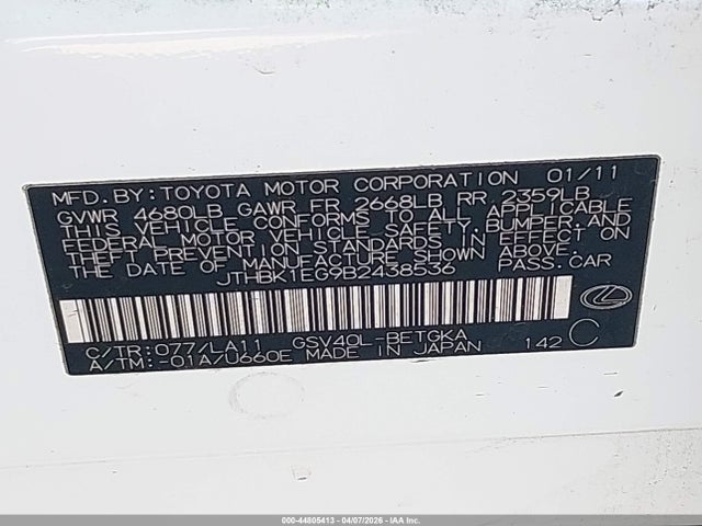Продаж на аукціоні авто 2011 Lexus Es 350, vin: JTHBK1EG9B2438536, номер лоту: 44805413