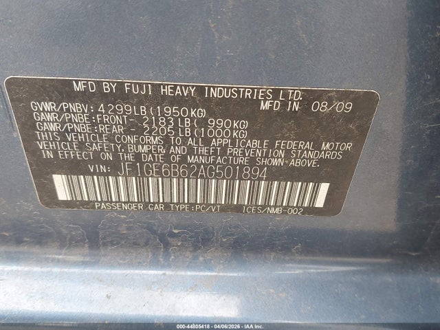 44805418 :رقم المزاد ، JF1GE6B62AG501894 vin ، 2010 Subaru Impreza 2.5i Premium مزاد بيع