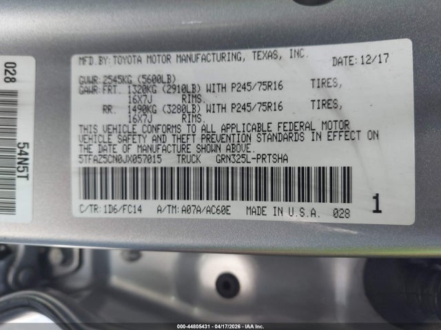 Продажа на аукционе авто 2018 Toyota Tacoma Sr5 V6, vin: 5TFAZ5CN0JX057015, номер лота: 44805431