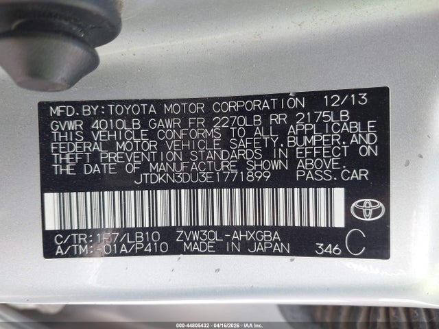 Aukcja sprzedaży 2014 Toyota Prius Four, vin: JTDKN3DU3E1771899, numer aukcji: 44805432