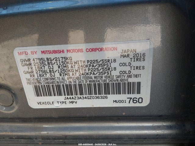 44805440 :رقم المزاد ، JA4AZ3A34GZ036326 vin ، 2016 Mitsubishi Outlander Se مزاد بيع