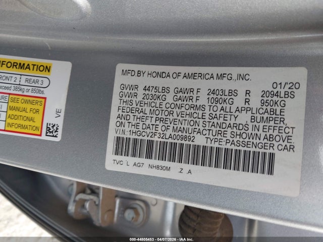 44805453 :رقم المزاد ، 1HGCV2F32LA009892 vin ، 2020 Honda Accord Sport 2.0t مزاد بيع