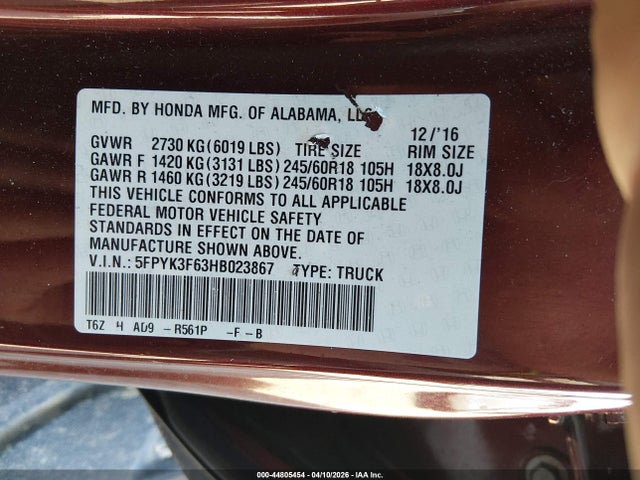 Продажа на аукционе авто 2017 Honda Ridgeline Rtl-t, vin: 5FPYK3F63HB023867, номер лота: 44805454