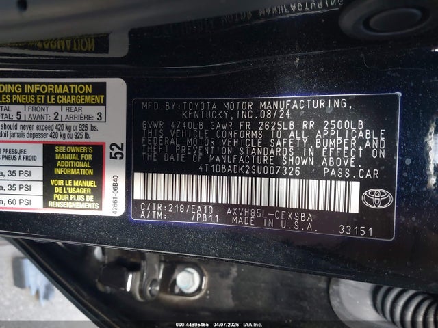 Aukcja sprzedaży 2025 Toyota Camry Se, vin: 4T1DBADK2SU007326, numer aukcji: 44805455