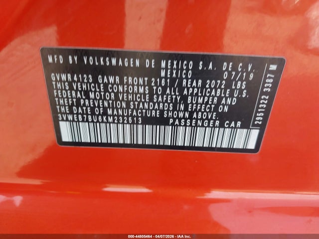 Продаж на аукціоні авто 2019 Volkswagen Jetta 1.4t Sel, vin: 3VWEB7BU6KM232513, номер лоту: 44805464