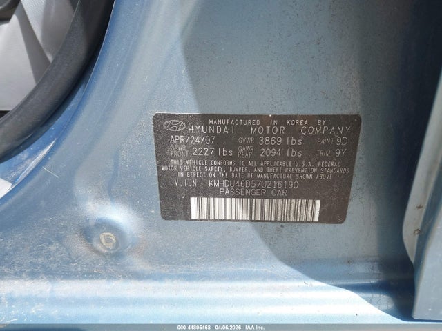 Продаж на аукціоні авто 2007 Hyundai Elantra Gls/limited/se, vin: KMHDU46D57U216190, номер лоту: 44805468